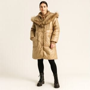 MACKAGE Genuine Fur Trim Puffer Jacket Cable Knit Trim Tan Cream Sz M $1,270
